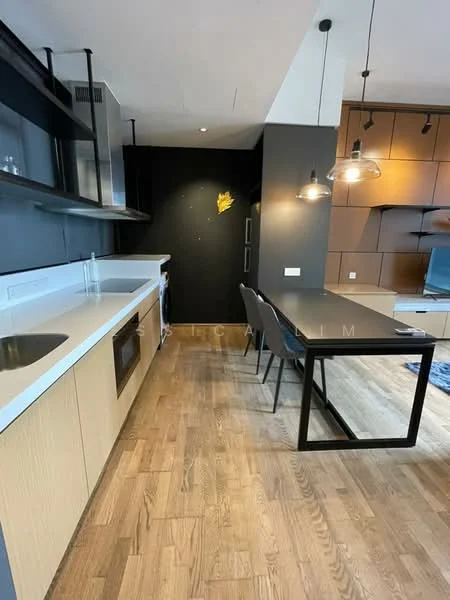 Kitchen features: white quartz countertop, wood cabinetry, stainless-steel built-in oven, stainless-steel microwave, stainless-steel range hood, 4-burner gas hob, black accent wall, pendant lighting, wooden flooring, open shelving, dining table with black frame, 4 dining chairs; style: modern.