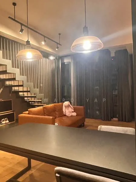 Living features: brown leather sofa, wooden flooring, recessed downlights, hanging pendant lights, floor-to-ceiling windows, curtains, staircase with wooden steps, decorative wall paneling; style: modern.