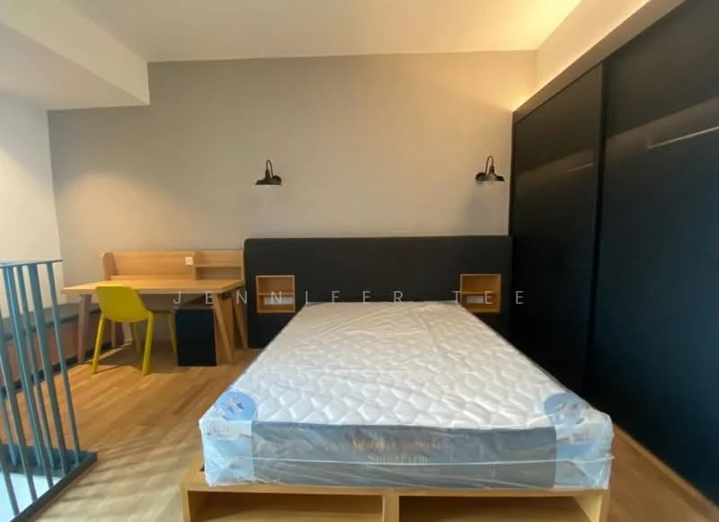 Bedroom features: queen-size bed with mattress, wooden flooring, grey painted walls, black sliding wardrobe, desk with wooden surface, yellow chair, wall-mounted sconces, window with natural light; style: modern.