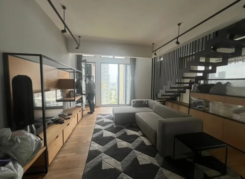 Living features: grey fabric sofa, black coffee table, wooden TV console, wall-mounted TV, area rug with geometric pattern, floor-to-ceiling windows, wooden flooring, exposed staircase with black railing, decorative wall paneling, recessed ceiling lights; style: modern; view: city.