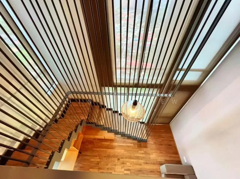 Room features: wooden flooring, metal railing, large windows, pendant light fixture, staircase, open space, natural light, modern design; style: modern; view: city.