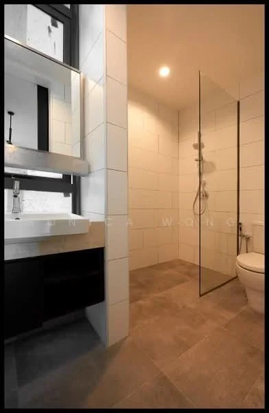Bathroom features: walk-in shower with glass enclosure, chrome handheld shower, white tiled walls, grey tiled flooring, single-sink vanity with black cabinet, mirror above vanity, one-piece toilet, recessed lighting; style: modern.