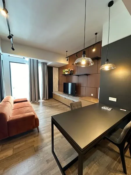 Living features: 3-seater fabric sofa in orange, wooden flooring, wall-mounted TV, TV console with storage, pendant lighting, large glass sliding door, floor-to-ceiling curtains, decorative wall paneling, dining table with black finish, 4 dining chairs; style: modern.