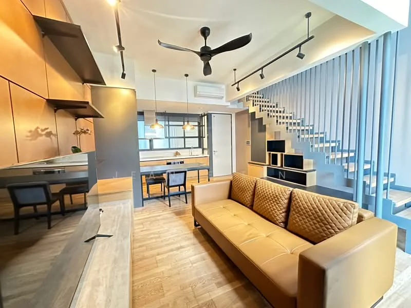 Living features: 3-seater leather sofa in tan, wooden coffee table, wall-mounted TV, TV console, open shelving, ceiling fan with light, recessed downlights, wooden flooring, decorative wall paneling, large windows with natural light; style: modern. Dining features: 6-seater dining table, black dining chairs, pendant lighting above table, open shelving, wooden flooring; style: modern. Staircase features: open riser staircase, metal railing, wooden treads; style: modern.