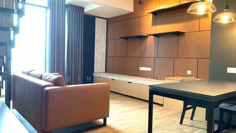 Living features: brown leather sofa, wooden flooring, wall-mounted shelves, recessed lighting, large windows with sheer curtains, dark accent wall, light-colored feature wall, dining table with black chairs, built-in cabinetry, pendant lights; style: modern.