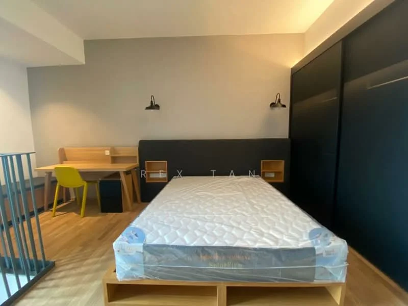 Bedroom features: queen-size bed with mattress protector, black upholstered headboard, wooden bedside tables, wall-mounted reading lights, study desk with wooden surface, yellow chair, laminate flooring, grey painted walls, built-in wardrobe with sliding doors; style: modern.