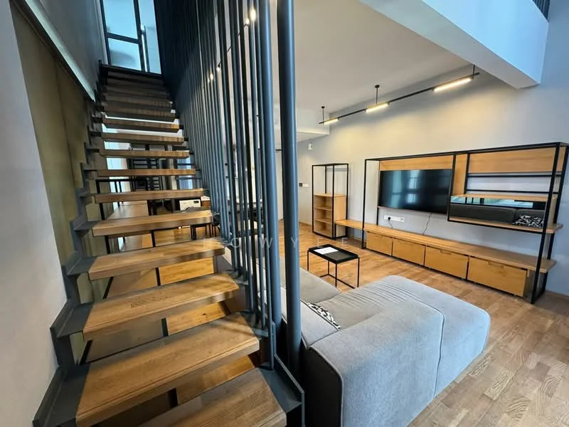 Living features: sofa in grey fabric, coffee table, TV console, wall-mounted TV, wooden flooring, recessed downlights, open shelving, decorative wall panels, large windows, metal railing staircase, wooden staircase, built-in cabinetry; style: modern.