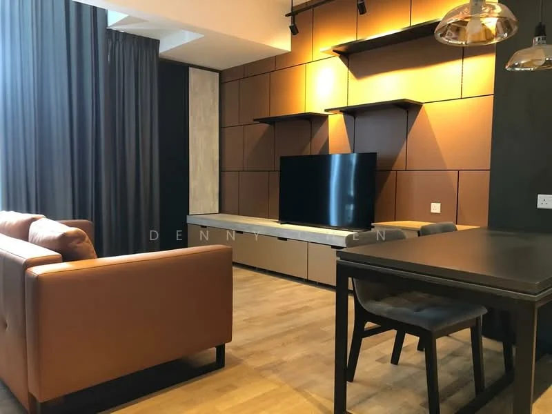 Living features: brown leather sofa, black dining table, black dining chairs, wall-mounted TV, floating shelves, wooden flooring, grey accent wall, recessed lighting, curtains, decorative wall paneling; style: modern.