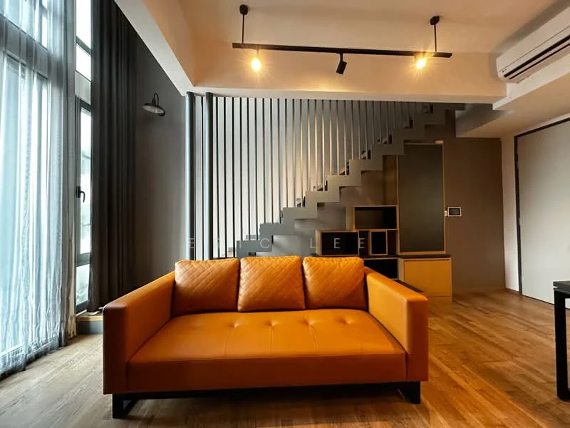 Living features: orange leather sofa, wooden flooring, floor-to-ceiling windows, sheer curtains, recessed downlights, exposed staircase, grey accent wall, black TV console, decorative wall paneling; style: modern.