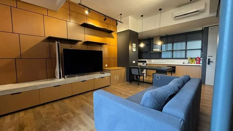 Living features: grey fabric 3-seater sofa, wooden coffee table, wall-mounted TV, built-in cabinetry with wood finish, light wood flooring, recessed downlights, air conditioning unit, open-plan layout to kitchen, decorative wall art, shelving units, pendant lighting above kitchen area; style: modern. Kitchen features: white cabinetry, black countertop, built-in oven, stainless-steel sink, chrome pull-down faucet, microwave, kitchen island with seating, refrigerator, window with natural light; style: modern.
