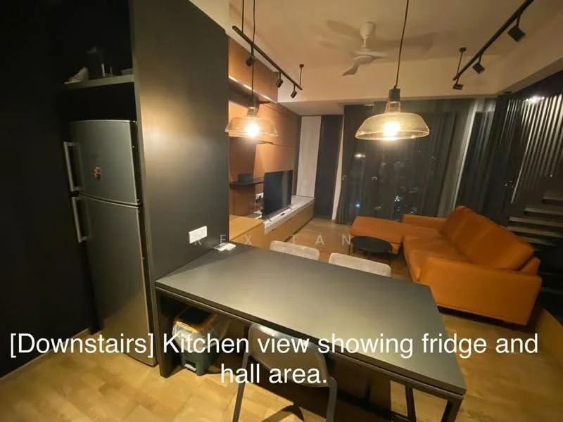 Kitchen features: grey countertop, stainless-steel fridge, wood cabinetry, open shelving, pendant lighting, 5-blade ceiling fan, wooden flooring, TV console, sofa in orange, floor-to-ceiling windows, curtains, wall-mounted TV; style: modern; view: city. Hallway features: wooden flooring, 5-blade ceiling fan, pendant lighting; style: modern.