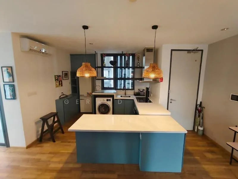 Kitchen features: blue cabinetry, white marble countertop, open shelving, built-in washing machine, stainless-steel sink, chrome pull-down faucet, 2 pendant lights, recessed downlights, wooden flooring, wall-mounted split AC, kitchen island with seating, microwave, fridge, wall-mounted cabinets; style: modern.