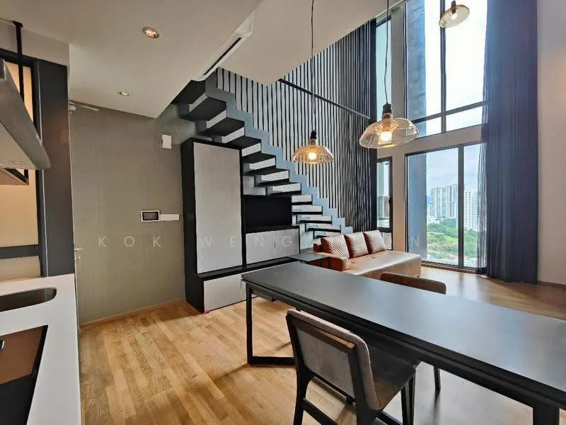 Living features: double-height ceiling, large floor-to-ceiling windows, wooden flooring, black dining table, upholstered dining chairs, hanging pendant lights, open staircase with wooden steps, grey accent wall, built-in storage unit, city view, recessed lighting; style: modern; view: city.