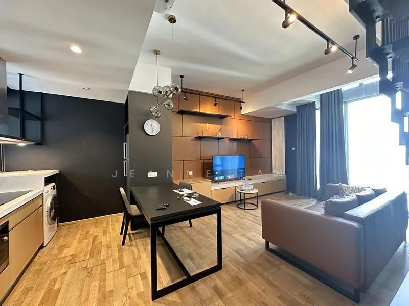 Living features: brown leather sofa, black coffee table, wall-mounted TV, wooden TV console, decorative wall shelving, pendant lighting, recessed downlights, large windows with sheer curtains, wooden flooring, clock on wall, washing machine, kitchenette with stainless-steel appliances; style: modern; view: city.