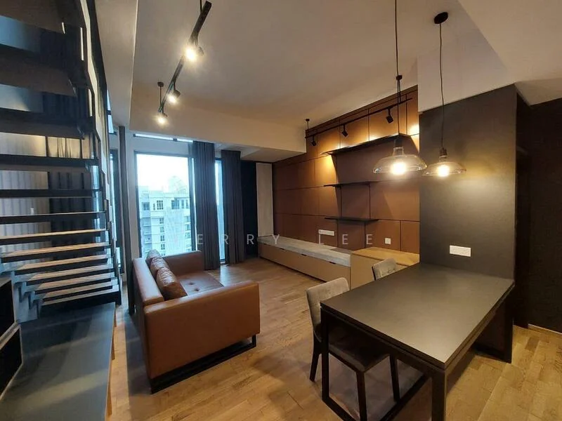 Living features: brown leather sofa, wooden coffee table, TV console, wall-mounted TV, suspended shelving unit, recessed lighting, large windows with city view, wooden flooring, open-plan layout, dining table with black finish; style: modern; view: city.