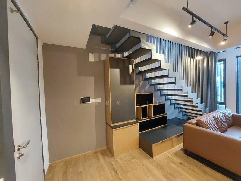 Living features: wooden flooring, grey accent wall, staircase with open risers, built-in shelving unit, recessed downlights, large windows, sofa with cushions, decorative wall paneling; style: modern.
