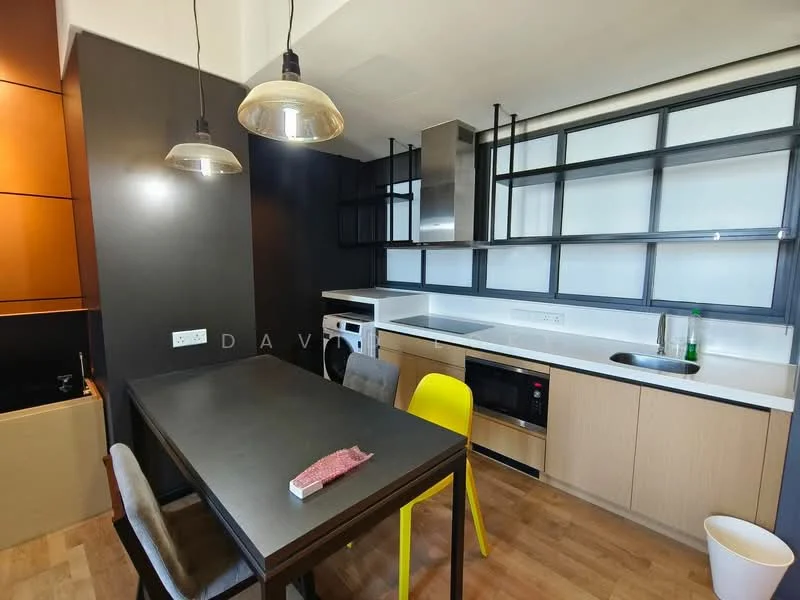 Kitchen features: black cabinetry, wooden cabinetry, white countertop, built-in microwave, freestanding oven, stainless-steel range hood, open shelving, dining table with black surface, yellow dining chairs, grey upholstered chairs, wooden flooring, pendant lighting; style: modern.