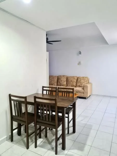 Dining features: wooden dining table, 4 wooden dining chairs, white painted walls, tile flooring, ceiling fan, sofa in beige fabric, light fixture on wall; style: modern.