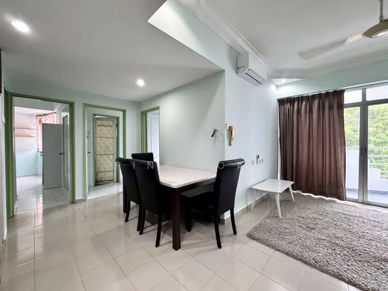 Dining features: dining table with 4 black chairs, light grey area rug, recessed ceiling with lighting, wall-mounted air conditioning unit, light green painted walls, white ceiling, large sliding glass door, curtains in dark brown; style: modern; view: garden. Living features: light grey area rug, large sliding glass door, curtains in dark brown, white ceiling, recessed ceiling with lighting; style: modern; view: garden. Room features: white walls, light grey tiled flooring, doorway leading to another room, doorway leading to bathroom.