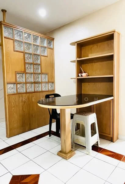 Room features: wooden shelving unit, glass block partition, round table with wooden base, black chair, white plastic stool, white tiled flooring with brown accents, neutral painted walls; style: modern.