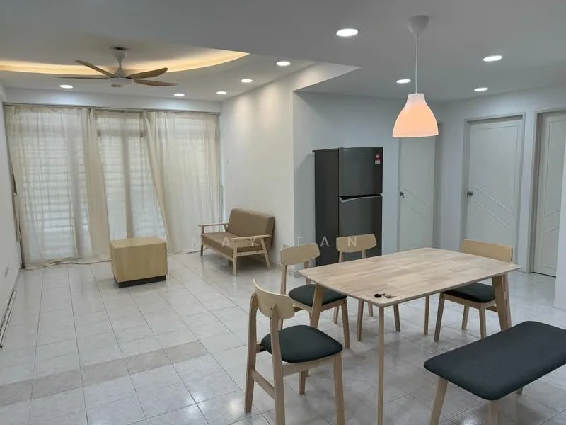 Living features: white painted walls, tile flooring, 5-blade ceiling fan with light, recessed downlights, dining table with 4 chairs, sofa, coffee table, fridge, curtains, floor-to-ceiling windows, sliding doors, wall-mounted light fixture; style: modern.