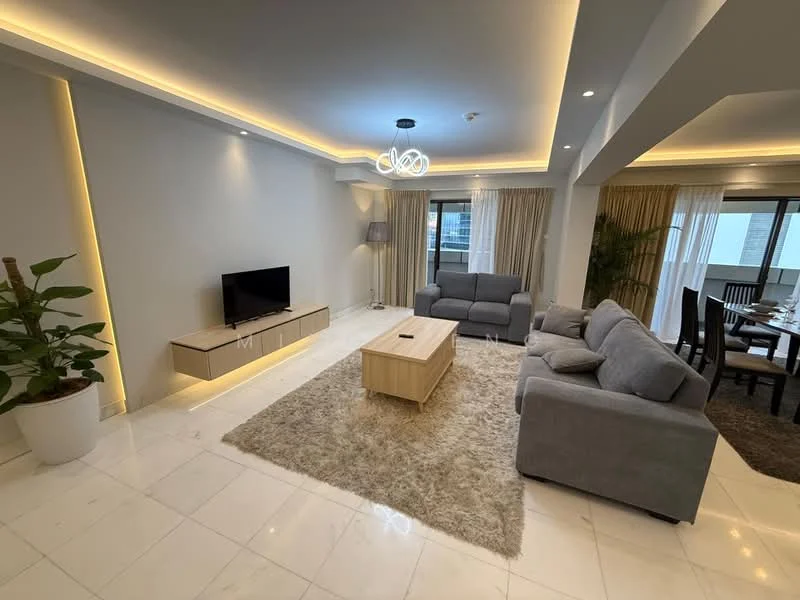 Living features: grey fabric sofa, 2-seater sofa, 3-seater sofa, coffee table, TV console, wall-mounted TV, area rug, recessed LED downlights, ceiling light fixture, floor-to-ceiling windows with sheer curtains, decorative plant in pot, cream painted walls, marble tile flooring; style: modern.