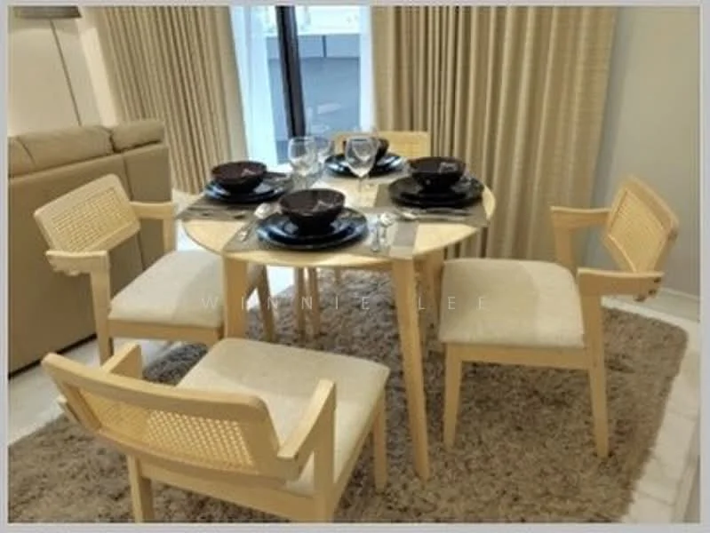 Dining features: round dining table, wooden table with marble top, 4 upholstered dining chairs, beige fabric upholstery on chairs, glassware on table, black dinner plates, cutlery on table, area rug with neutral color, curtains in light fabric, floor-to-ceiling window, natural light from window; style: modern.