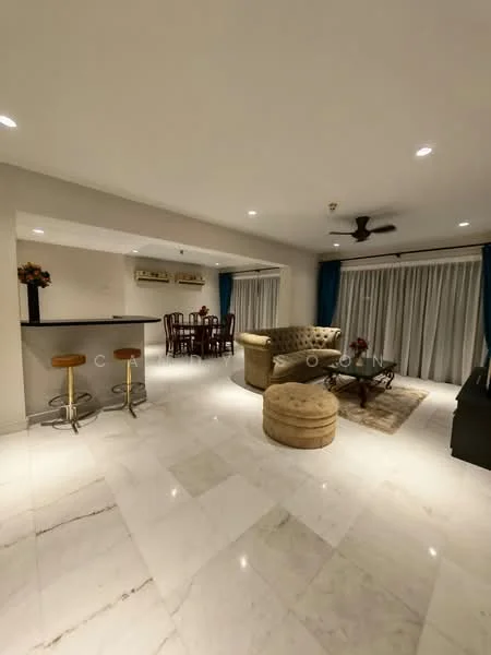 Living features: marble tile flooring, recessed downlights, 5-blade ceiling fan, floor-to-ceiling windows with sheer curtains, L-shape sectional sofa in beige, round coffee table, area rug with geometric pattern, decorative mirror, dining table with six chairs, bar counter with two stools, potted plants, wall-mounted TV cabinet; style: modern.