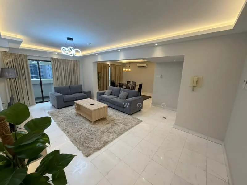 Living features: grey fabric 3-seater sofa, grey fabric 2-seater sofa, light wood coffee table, area rug with neutral color, recessed LED downlights, ceiling-mounted pendant light, floor-to-ceiling windows, curtains in beige, marble tile flooring, wall-mounted air conditioning unit, decorative indoor plant; style: modern; view: city.