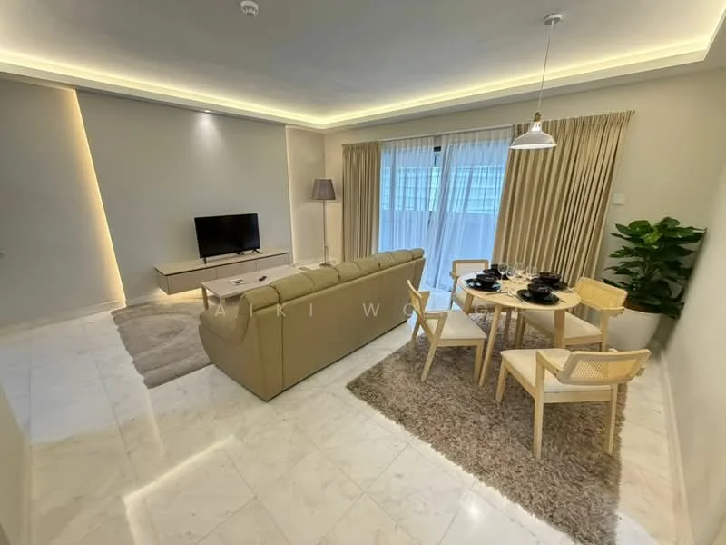 Living features: cream leather sofa, marble tile flooring, recessed LED downlights, wall-mounted TV, light wood coffee table, 4-seater dining table, upholstered dining chairs, sheer curtains, decorative indoor plant, area rug with geometric pattern, built-in wall shelf; style: modern.