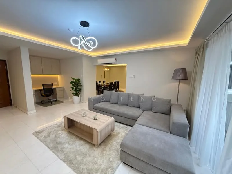 Living features: L-shape sectional sofa in grey, coffee table in light wood, area rug in beige, recessed downlights, LED strip lighting on ceiling, floor-to-ceiling windows with sheer curtains, wall-mounted air conditioning unit, decorative floor lamp, study desk with ergonomic chair, dining table with chairs visible in background; style: modern.