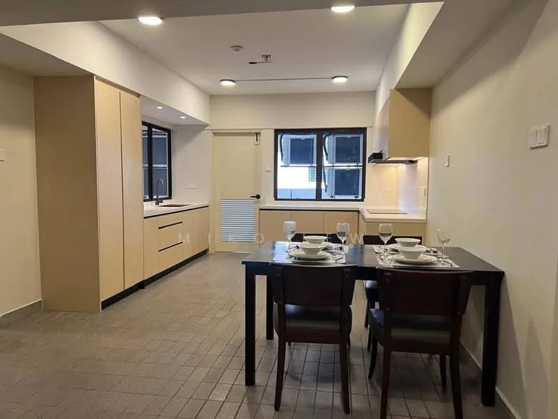 Kitchen features: light wood cabinetry, white countertop, built-in oven, stainless-steel sink, chrome pull-down faucet, ceramic tile flooring, recessed downlights, kitchen island, open layout, wall-mounted cabinets, sliding door to outside, window with view, dining table with four chairs; style: modern.