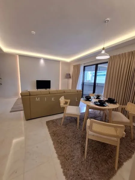 Living features: cream painted walls, marble flooring, recessed LED downlights, sofa in beige, wall-mounted TV, coffee table, area rug with geometric pattern, floor-to-ceiling windows, curtains, dining table with 4 chairs, decorative lamp, plant in pot; style: modern.