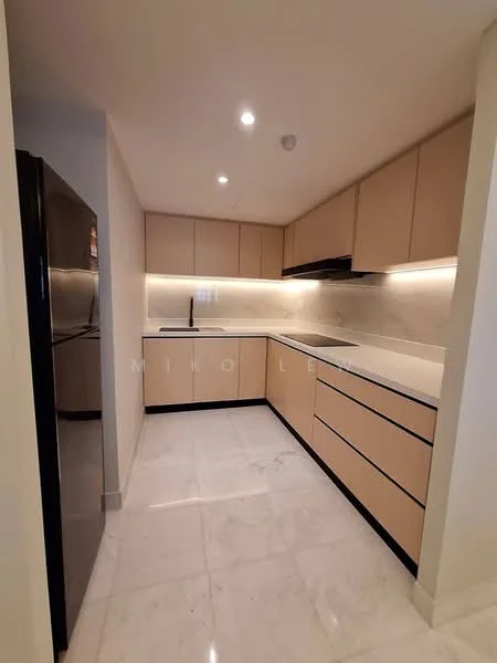 Kitchen features: light wood cabinetry with black handles, white quartz countertop, black built-in oven, black cooktop, stainless-steel sink, chrome pull-down faucet, marble tile flooring, recessed LED downlights, white backsplash, open shelving, built-in refrigerator, under-cabinet lighting; style: modern.