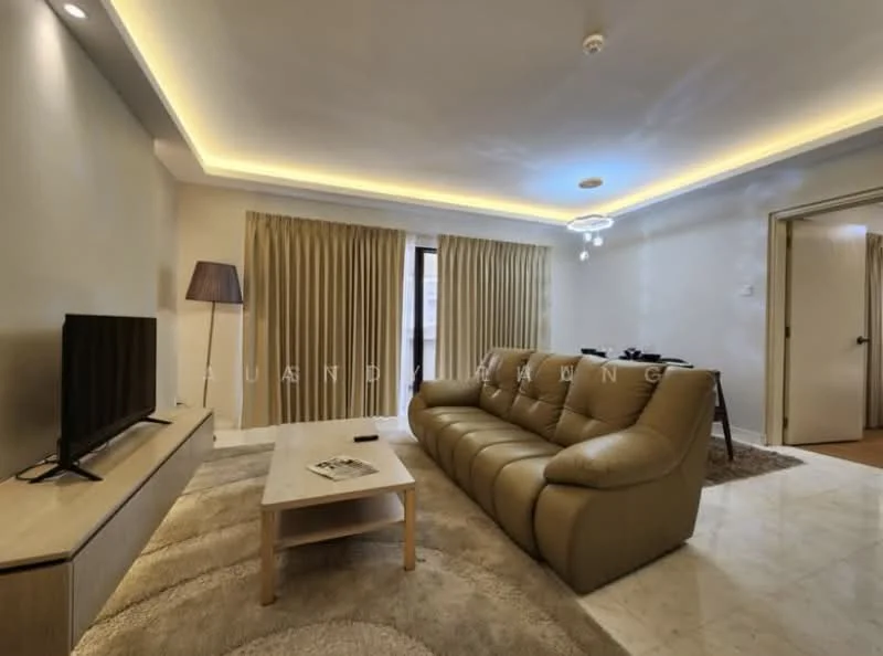 Living features: 3-seater leather sofa in beige, coffee table, wall-mounted TV, light brown area rug, cream painted walls, marble flooring, recessed downlights, floor-to-ceiling curtains, ceiling with LED strip lighting; style: modern.