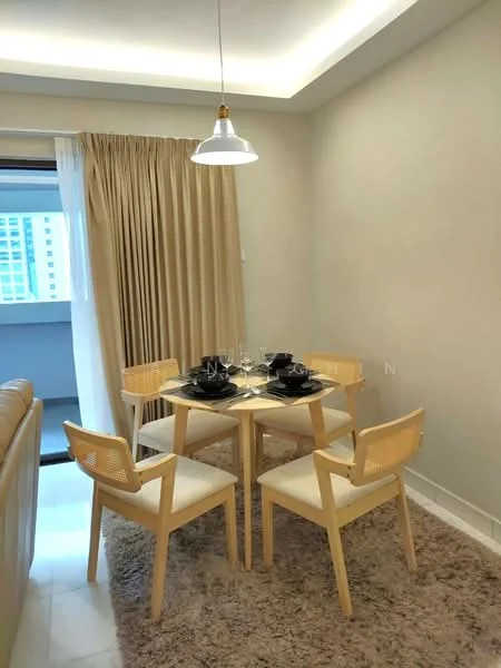 Dining features: round dining table, 4 wooden dining chairs, cream curtains, pendant light fixture, beige painted walls, carpet flooring, recessed ceiling lights; style: modern.