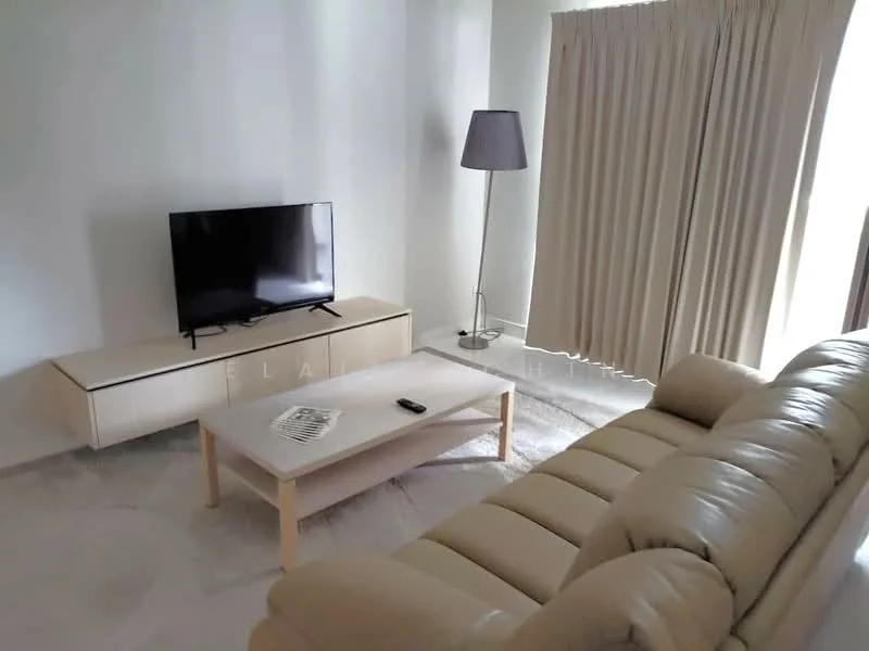 Living features: 3-seater leather sofa in beige, coffee table with light wood finish, TV console with storage, wall-mounted TV, floor lamp with grey shade, curtains in light fabric, light-coloured walls, marble flooring; style: modern.