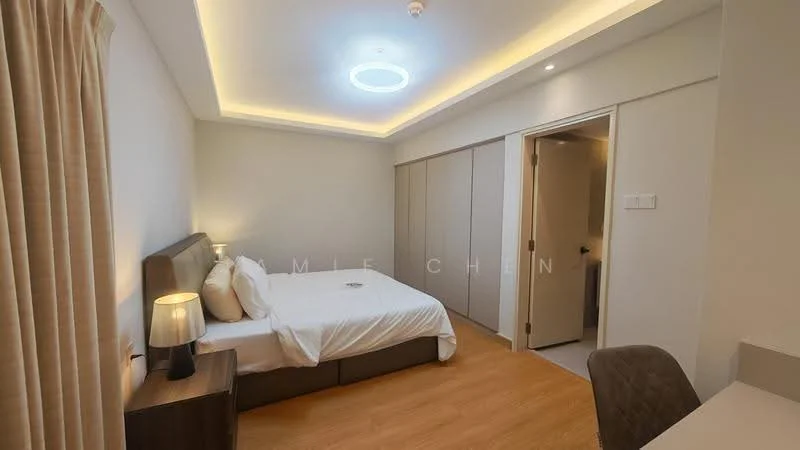 Bedroom features: king-size bed, upholstered headboard, 2 bedside lamps, wooden bedside table, built-in wardrobe with sliding doors, wooden flooring, recessed ceiling lights, white painted walls, window with curtains, study desk, chair; style: modern.