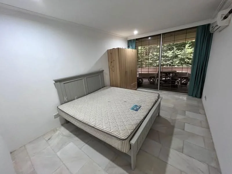 Bedroom features: queen-size bed frame without mattress, white painted walls, marble flooring, floor-to-ceiling windows, curtains in teal, built-in wardrobe, air conditioning unit, outdoor view of greenery; style: modern; view: garden.