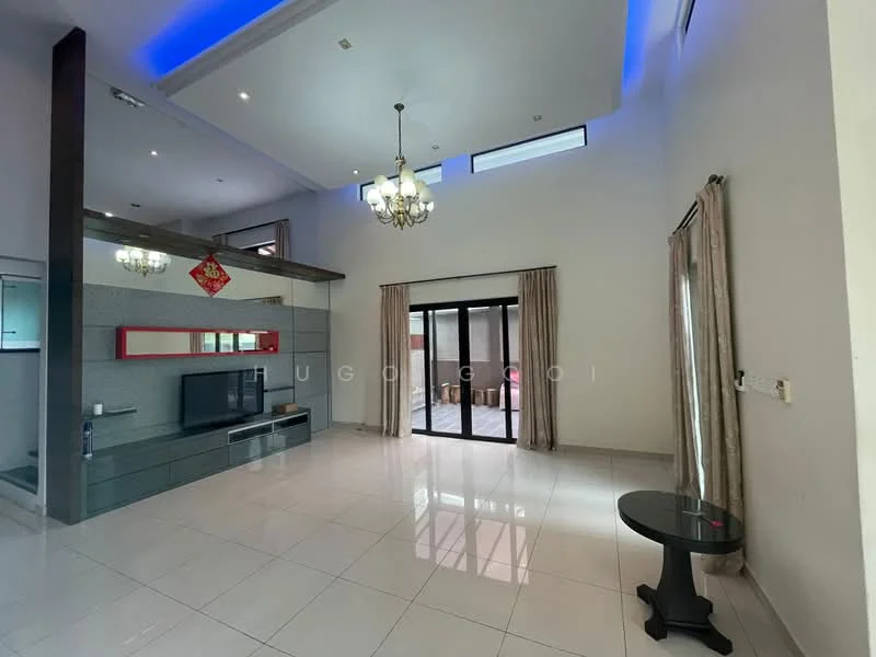 Living features: white painted walls, glossy tile flooring, high ceiling with recessed lighting, chandelier, large sliding glass doors, curtains, TV console, wall-mounted TV, decorative wall panel, open layout, corner table; style: modern.
