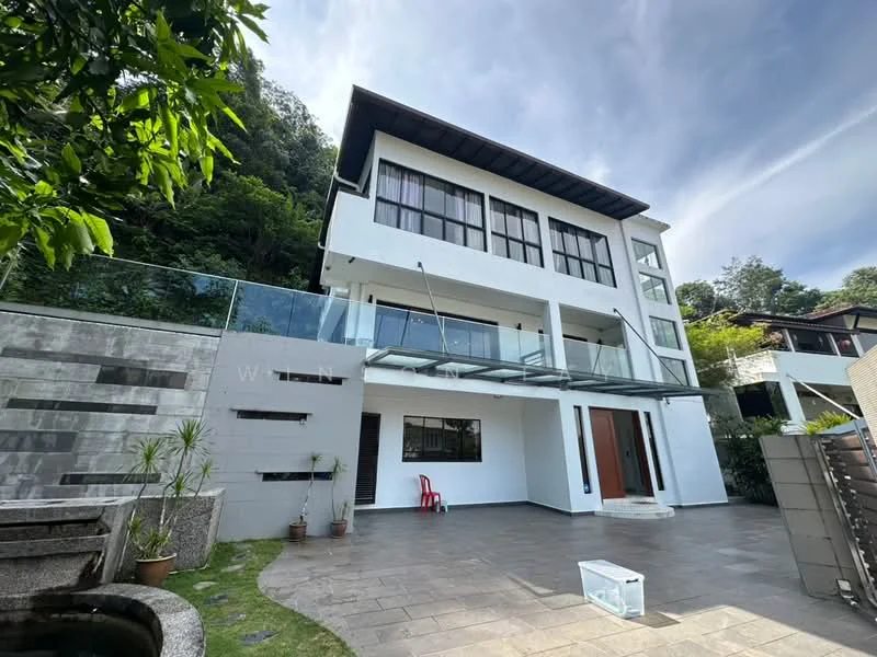 Exterior type: detached bungalow; features: white painted facade, glass balcony railing, large windows, flat roof, stone cladding, manicured lawn, paved outdoor area, surrounded by greenery; style: modern.