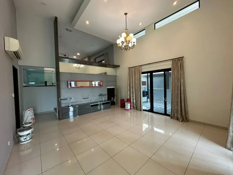 Living features: cream painted walls, high ceiling with chandelier, recessed downlights, large sliding glass doors, floor-to-ceiling windows, porcelain tile flooring, wall-mounted TV, built-in cabinetry, open layout to kitchen, curtains, air conditioning unit; style: modern; view: garden.