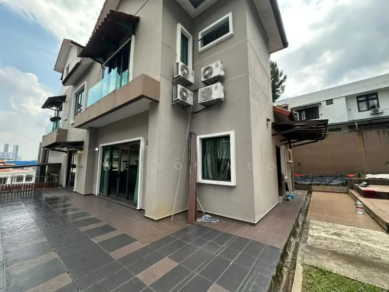 Exterior type: detached bungalow; features: grey painted facade, flat roof, multiple wall-mounted split AC units, large sliding glass doors, covered outdoor patio, stone-paved walkway, manicured lawn, surrounded by greenery; style: modern.