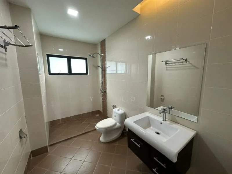 Bathroom features: white tiled walls, brown tiled flooring, walk-in shower with glass partition, chrome shower head, single-sink vanity with dark wood cabinet, chrome basin mixer faucet, framed mirror, one-piece toilet, window for natural light, towel rack, recessed ceiling lights; style: modern.