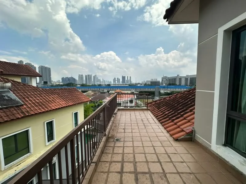 Room features: terracotta tile flooring, metal railing, roof with red tiles, city skyline view, outdoor space, partially covered area, surrounding greenery, adjacent buildings; style: modern; view: city.