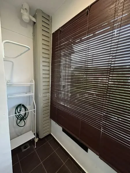 Laundry features: brown wooden blinds, white shelving unit, green hose, dark tiled flooring, ventilation duct, wall-mounted drying rack, white walls.