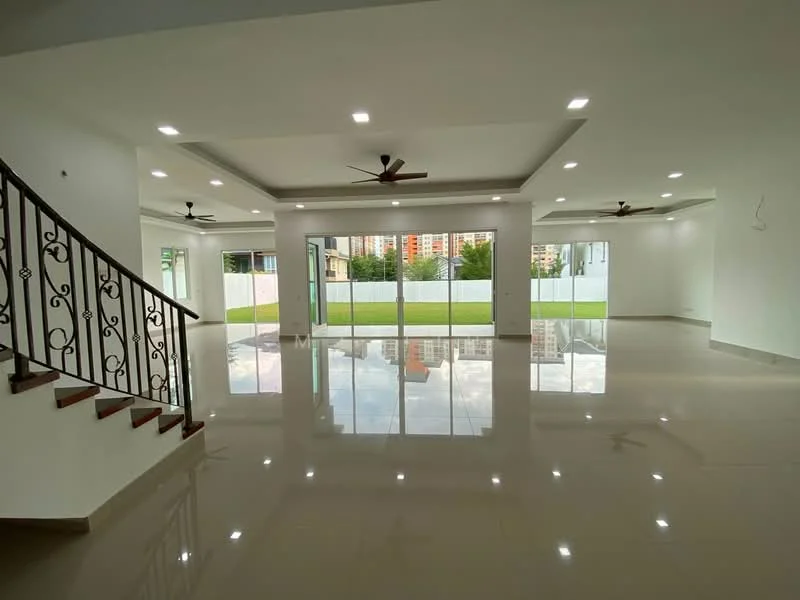 Living features: polished ceramic tile flooring, white painted walls, recessed downlights, 5-blade ceiling fans, large sliding glass doors, floor-to-ceiling windows, open layout, view of garden, staircase with decorative railing; style: modern; view: garden.