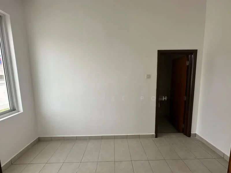 Room features: white painted walls, tile flooring, single window, doorway leading to another room.