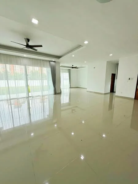 Living features: white painted walls, polished ceramic tile flooring, tray ceiling, 2 ceiling fans, floor-to-ceiling windows, sheer curtains, natural light, open layout; style: modern; view: city.