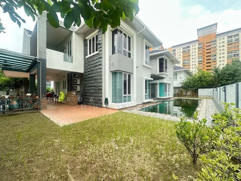 Exterior type: detached bungalow; features: two-storey building, grey painted facade, stone cladding on lower level, large windows, sliding glass doors, manicured lawn, swimming pool, patio area with tiles, surrounded by greenery, driveway with interlocking pavers; style: modern.